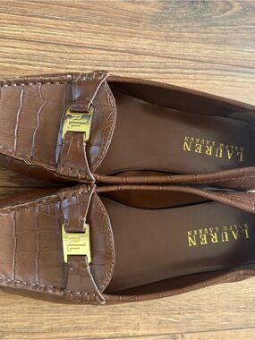 Lauren Ralph Lauren Brown Croc-Embossed Loafers with Gold RL Buckle